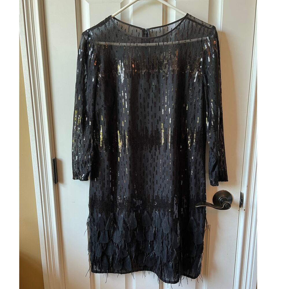 Tahari Arthur S. Levine Black Sequin Feather Hem Mini Dress 3/4 Sleeve Size 6